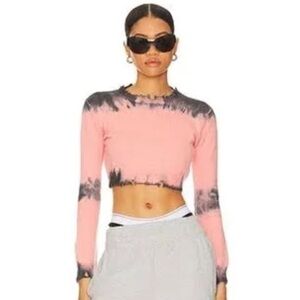 Superdown- Pink and Black Tie Dye Distressed Longsleeve Narelle Cropped Sweater